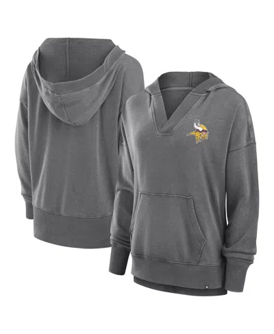 FANATICS WOMEN'S HEATHER CHARCOAL MINNESOTA VIKINGS INITIATIVE SNOW WASH FRENCH TERRY V-NECK PULLOVER HOODIE