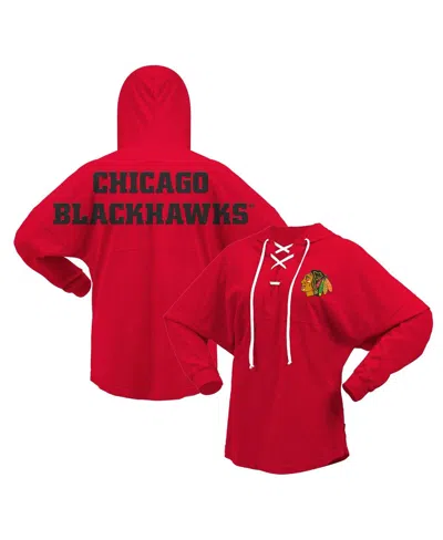 FANATICS WOMEN'S RED CHICAGO BLACKHAWKS JERSEY LACE-UP V-NECK LONG SLEEVE HOODIE T-SHIRT