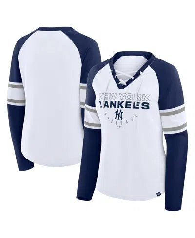 FANATICS WOMEN'S WHITE/NAVY NEW YORK YANKEES BLITZ PACKAGE RAGLAN LACE-UP V-NECK LONG SLEEVE T-SHIRT