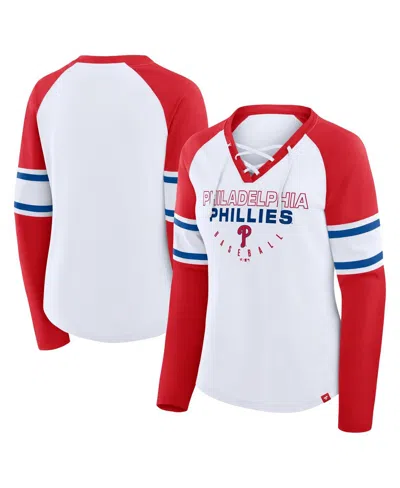 FANATICS WOMEN'S WHITE/RED PHILADELPHIA PHILLIES BLITZ PACKAGE RAGLAN LACE-UP V-NECK LONG SLEEVE T-SHIRT