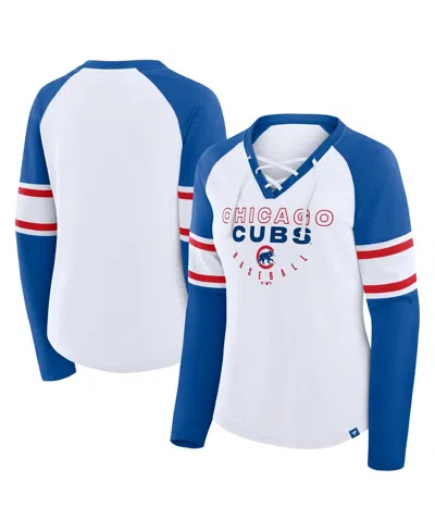 FANATICS WOMEN'S WHITE/ROYAL CHICAGO CUBS BLITZ PACKAGE RAGLAN LACE-UP V-NECK LONG SLEEVE T-SHIRT
