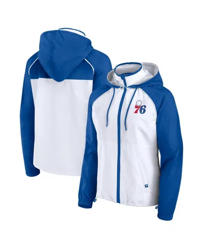 FANATICS WOMEN'S WHITE/ROYAL PHILADELPHIA 76ERS ANORAK RAGLAN FULL-ZIP HOODIE JACKET