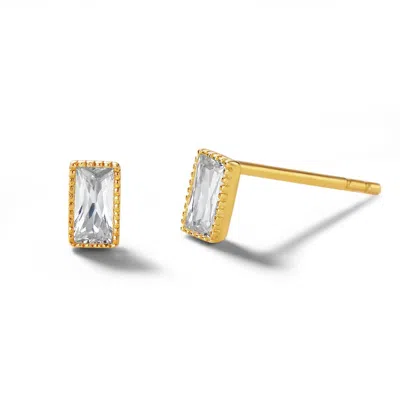 FANCI ME WOMEN'S EMERALD CUT CZ STONES STUD EARRINGS IN SOLID YELLOW GOLD