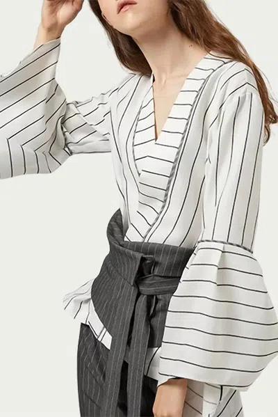 FANGYAN RONNIE PINSTRIPE WRAP BLOUSE IN WHITE/GREY