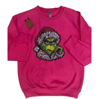 FARM LIFE CRAFTING WOMEN'S BLINGED OUT GRINCH HOLIDAY SWEATSHIRT IN PINK
