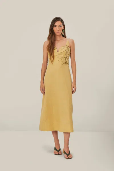 FARM RIO SAND 3D FLOWER BODICE MIDI DRESS