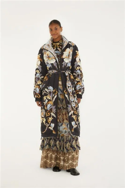 FARM RIO BLACK FLOWERFUL SNAKE GARDEN REVERSIBLE MAXI PUFFER JACKET