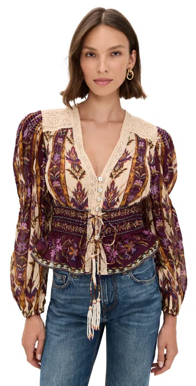 FARM RIO EMBROIDERED TAPESTRY SAND LONG SLEEVE BLOUSE EMBROIDERED TAPESTRY SAND