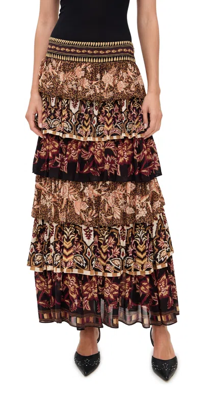 FARM RIO MIXED SCARVES RUFFLED MAXI SKIRT MIXED SCARVES