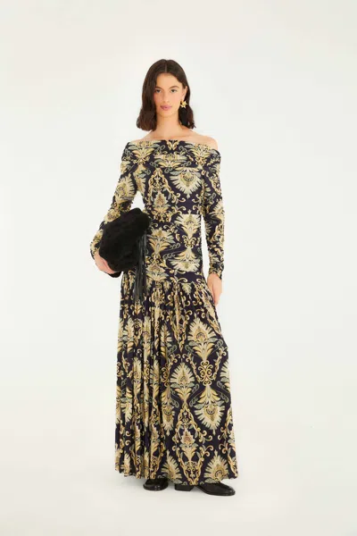 FARM RIO NAVY BLUE WONDERFUL ARABESQUE OFF-SHOULDER MAXI DRESS