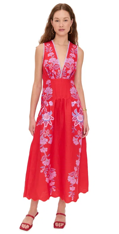 FARM RIO PORCELAIN GARDEN RED MIDI DRES PORCELAIN GARDEN RED