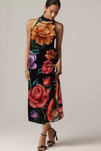 FARM RIO FARM RIO X ANTHROPOLOGIE MOCK-NECK PRINTED VELVET MIDI DRESS