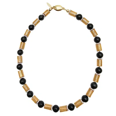 FARRA WOMEN'S BLACK / GOLD GOLDEN CORAL WITH BLACK OBSIDIAN CLASSIC STYLE NECKLACE