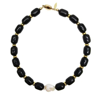 FARRA WOMEN'S BLACK OBSIDIAN WITH BAROQUE PEARL PENDANT NECKLACE