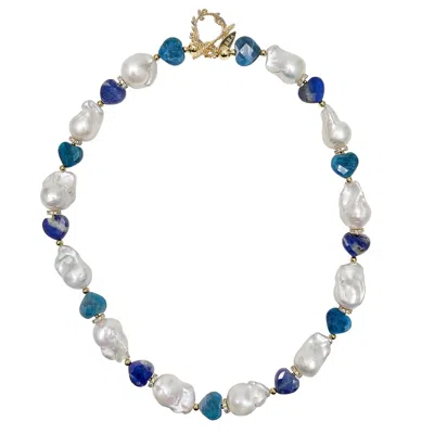 FARRA WOMEN'S BLUE BAROQUE PEARLS WITH HEART SHAPED LAPIS AND APATITE GORGEOUS NECKLACE
