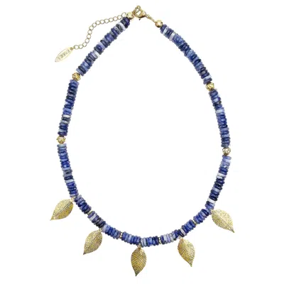 FARRA WOMEN'S BLUE BOHEMIAN STYLE SODALITE WITH LEAVES CHARMS STATEMENT NECKLACE