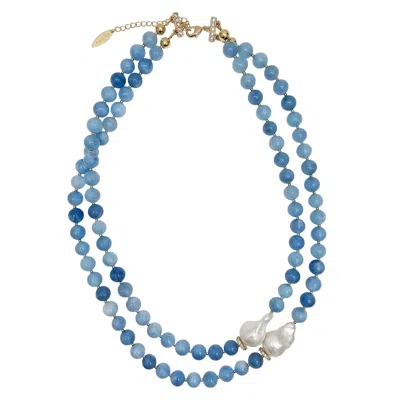 FARRA WOMEN'S BLUE DOUBLE LAYERS ROUND AQUAMARINE WITH BAROQUE PEARLS NECKLACE