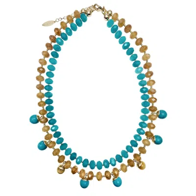 FARRA WOMEN'S BLUE GREEN AND YELLOW JADE DOUBLE LAYERS STATEMENT NECKLACE
