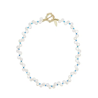 FARRA WOMEN'S FLOWER PETAL FRESHWATER PEARLS WITH BLUE TURQUOISE CHOKER