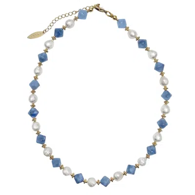 FARRA WOMEN'S FRESHWATER PEARLS WITH BLUE JADE CHOKER NECKLACE