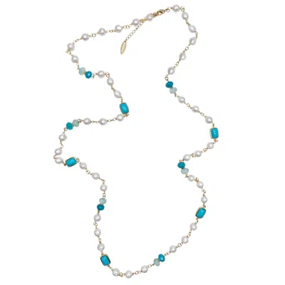 FARRA WOMEN'S GOLD FRESHWATER PEARLS WITH TURQUOISE LONG NECKLACE
