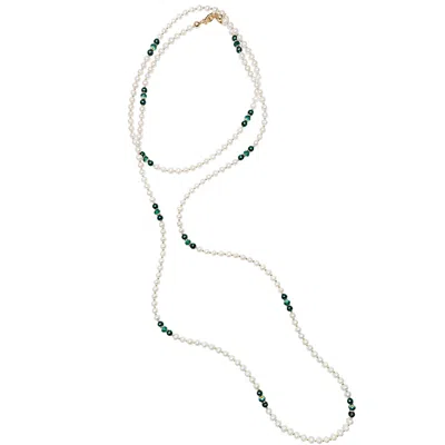 FARRA WOMEN'S GREEN / WHITE MALACHITE WITH FRESHWATER PEARLS VERSATILE LONG NECKLACE