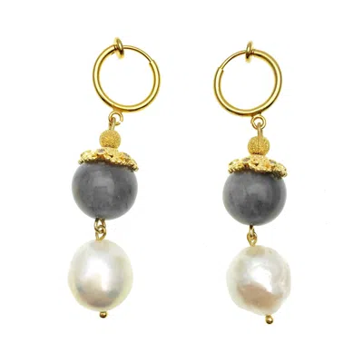 FARRA WOMEN'S GREY / WHITE LABRADORITE AND FRESHWATER PEARL SIMPLE DANGLE EARRINGS