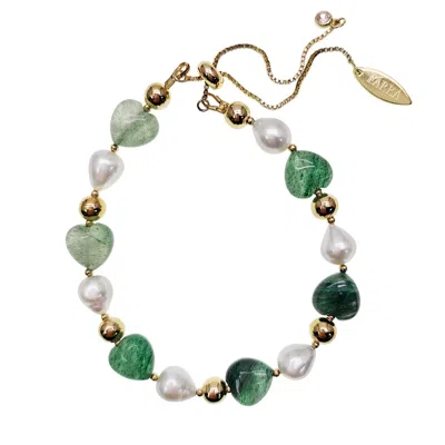 FARRA WOMEN'S HEART SHAPED GREEN AVENTURINE WITH FRESHWATER PEARLS ADJUSTABLE BRACELET