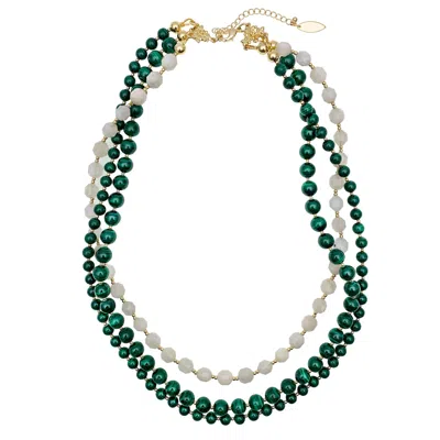 FARRA WOMEN'S MALACHITE WITH MOONSTONE TRIPLE STRANDS NECKLACE