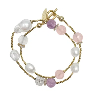 FARRA WOMEN'S PINK BAROQUE PEARLS WITH ROSE QUARTZ AND AMETHYST DOUBLE LAYERS BRACELET