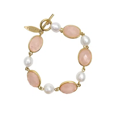 FARRA WOMEN'S PINK ROSE QUARTZ WITH FRESHWATER PEARLS BRACELET