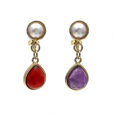 FARRA WOMEN'S TEARDROP RED AGATE AND PURPLE AMETHYST CLI-ON EARRINGS