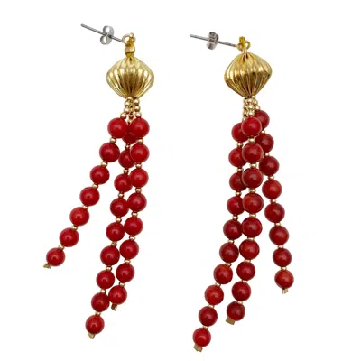 FARRA WOMEN'S RED CORALS TASSELS EARRINGS