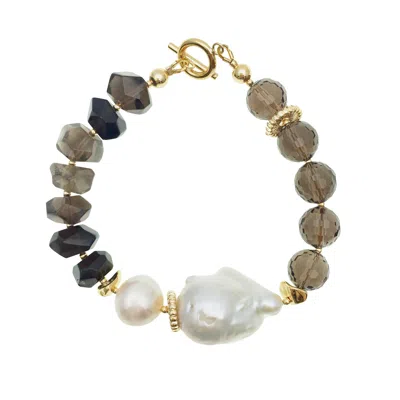 FARRA WOMEN'S WHITE BAROQUE PEARL WITH BLACK TIGER EYE STONES AND SMOKY QUARTZ BRACELET