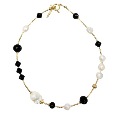 FARRA WOMEN'S WHITE / BLACK BLACK OBSIDIAN AND WHITE PEARLS DOUBLE LAYERS BRACELET OR CHOKER
