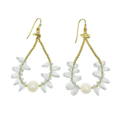 FARRA WOMEN'S WHITE CRYSTALS WITH FRESHWATER PEARLS HOOK EARRINGS
