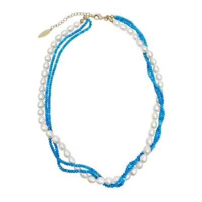 FARRA WOMEN'S WHITE FRESHWATER PEARLS WITH BLUE TURQUOISE TWISTED NECKLACE