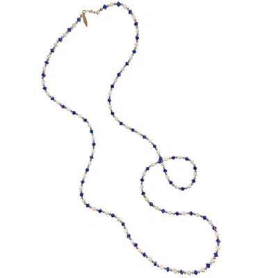 FARRA WOMEN'S WHITE PEARLS AND BLUE LAPIS VERSATILE LONG NECKLACE