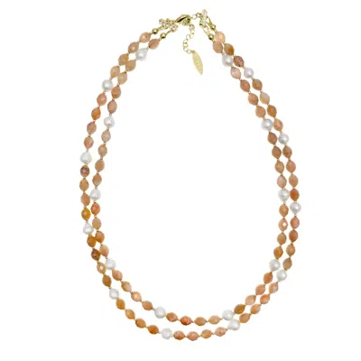 FARRA WOMEN'S DOUBLE LAYERS ORANGE MOONSTONE WITH FRESHWATER PEARLS NECKLACE