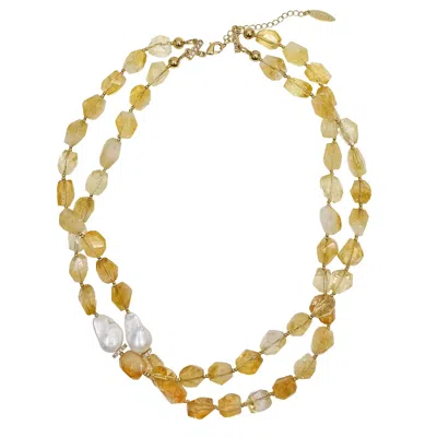FARRA WOMEN'S YELLOW FACETED CITRINE WITH BAROQUE PEARLS DOUBLE LAYERS NECKLACE