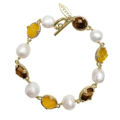FARRA WOMEN'S YELLOW QUARTZ AND BROWN TIGER-EYE WITH FRESHWATER PEARL BRACELET