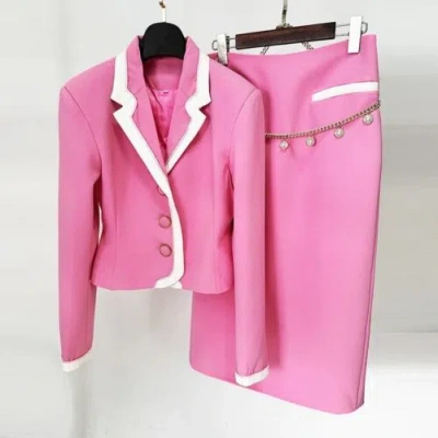 FASHION WOMEN PINK SUIT JACKET AND SKIRT, FASHION 2024 EVENING SET LARGE SIZE
