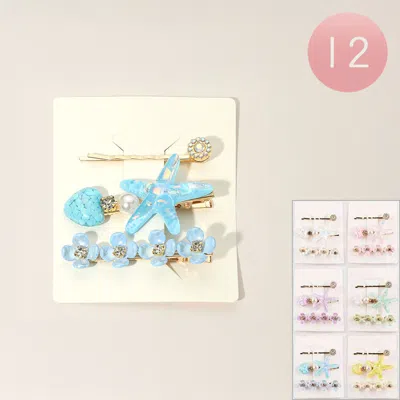 FASHNZFAB 12 SET OF 3 - STARFISH HEART PEARL FLOWER ACCENT HAIR CLIP SET