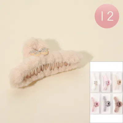 FASHNZFAB 12PCS - RHINESTONE BUTTERFLY ACCENT FUZZY FUR PLUSH HAIR CLAW CLIPS