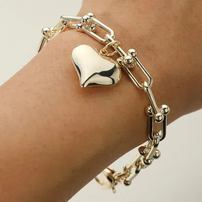 FASHNZFAB 14K GOLD PLATED HEART CHARM INDUSTRIAL CHAIN LINK BRACELET