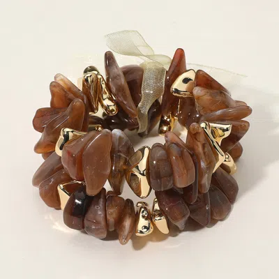 FASHNZFAB 2PCS - CHUNKY MARBLED RESIN METAL BEADED STRETCH MULTI LAYERED BRACELETS