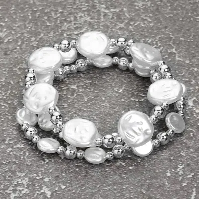 FASHNZFAB 3PCS - PEARL METAL BALL BEADED STRETCH MULTI LAYERED BRACELETS