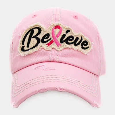 FASHNZFAB BELIEVE MESSAGE PINK RIBBON ACCENTED VINTAGE BASEBALL CAP