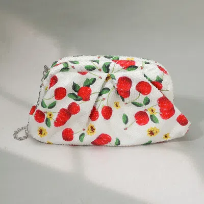 FASHNZFAB BLING STUDDED CHERRY FLORAL PATTERN EVENING CLUTCH BAG / CROSSBODY BAG