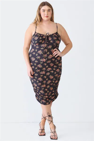 FASHNZFAB BLUE LEOPARD PLUS SIZE RUCHED FLORAL SQUARE NECK CAMI DRESS